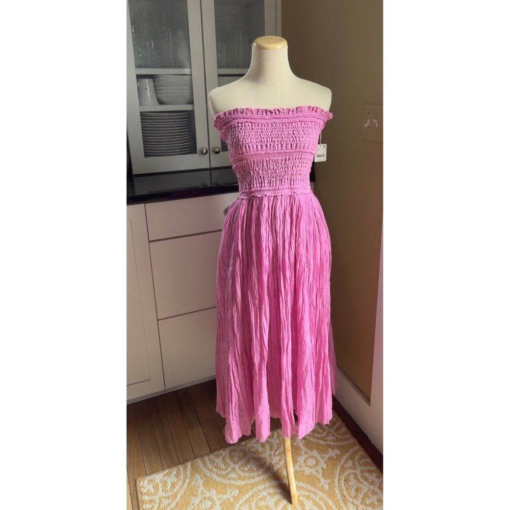 Anthropologie Free‎ People FP One Pink Smocked Crochet Cotton Midi Dress S NEW
